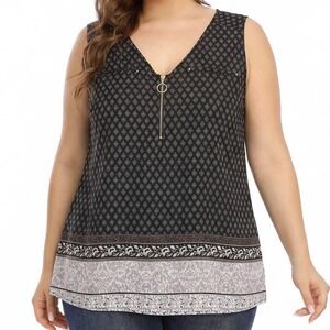 Tempted Hearts Blouse Women 2X Black Geometric Floral Excellent  Zip Sleeveless